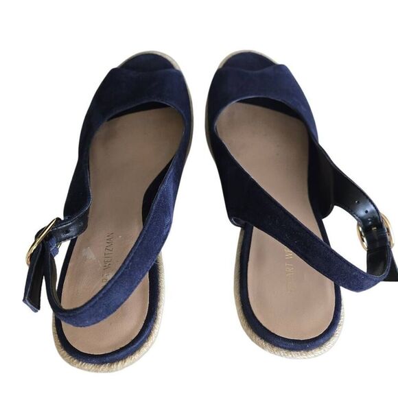 Stuart Weitzman Jean Blue Suede Slingback Cork Wedge Heel Sandal Size 8 - Picture 7 of 14